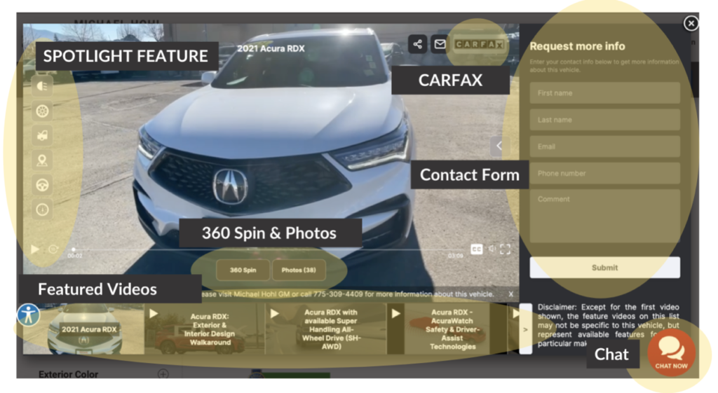 LESA player broken down with spotlight buttons, carfax, leads, chat, and feature videos