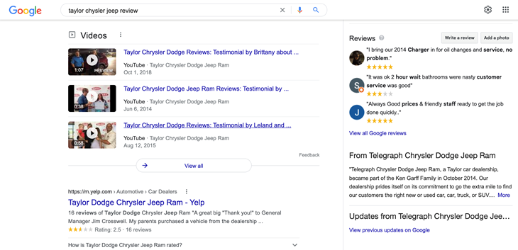 Sample Google search results of dealership reviews